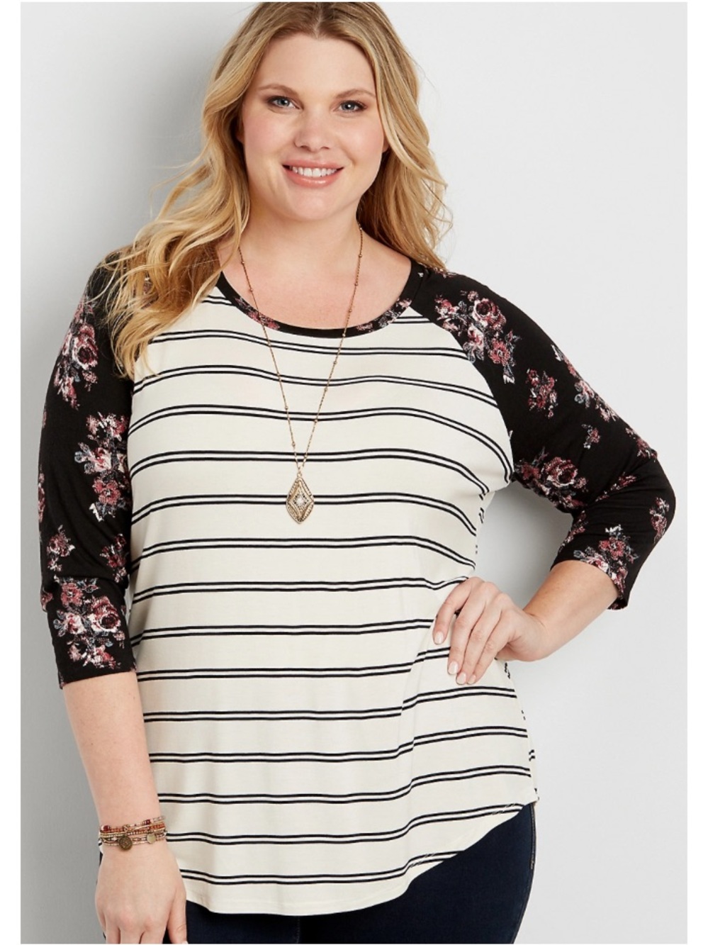 Maurices 24/7 Plus Size Black White Striped Floral Print Sleeve Baseball Tee